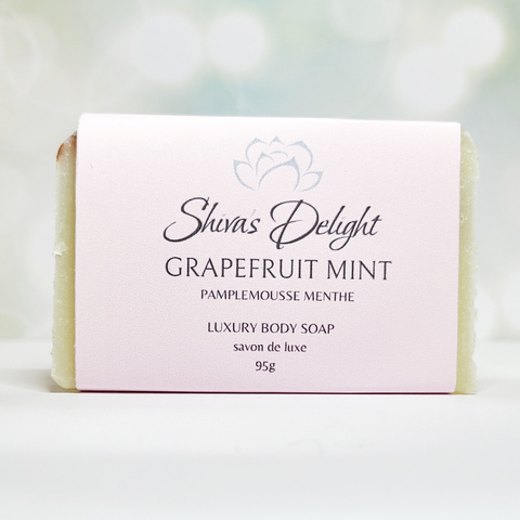 Bar of soap with 'Shiva's Delight Grapefruit Mint' label on a white background